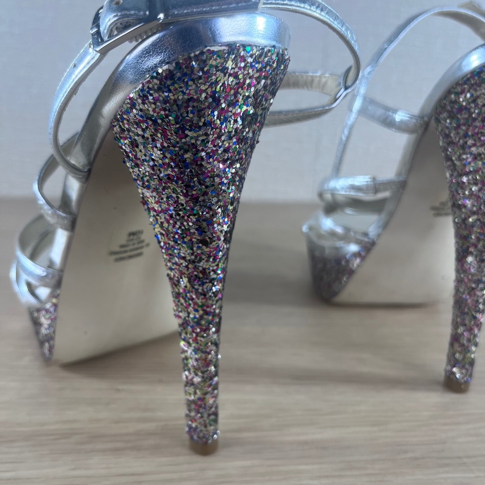 Nine West Warm Candy Silver Metallic Glitter Platform Heels Party Sandals 10 - Picture 6 of 10